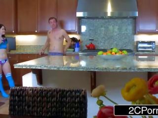 Delightful Teenie Yhivi Blowing Her Girlfriend's Brother in the Kitchen